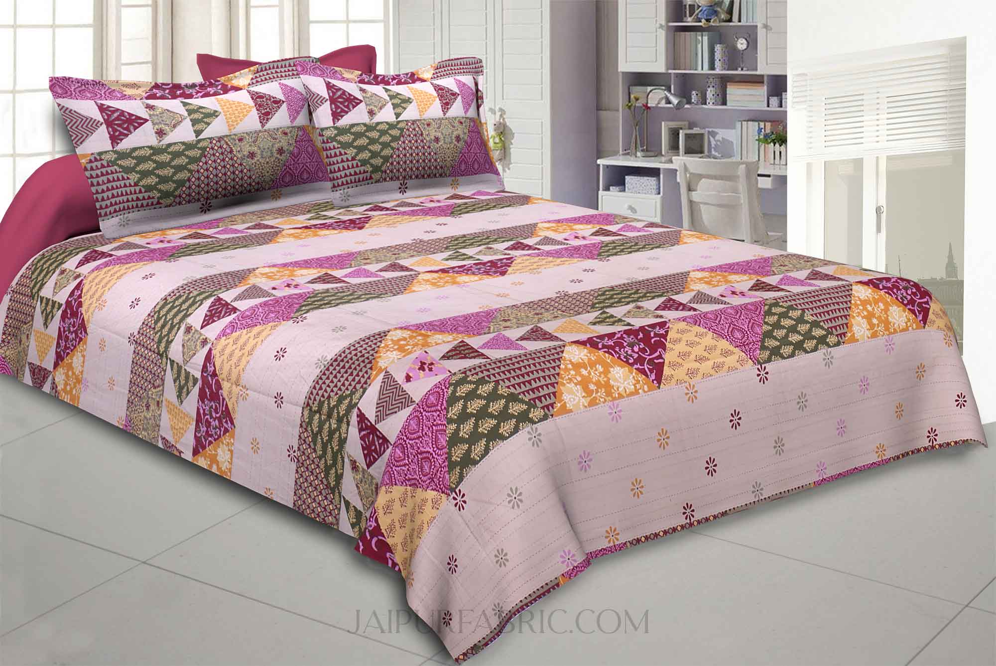 olive Twill Cotton  Double Bedsheet With Colorful Patchwork Design