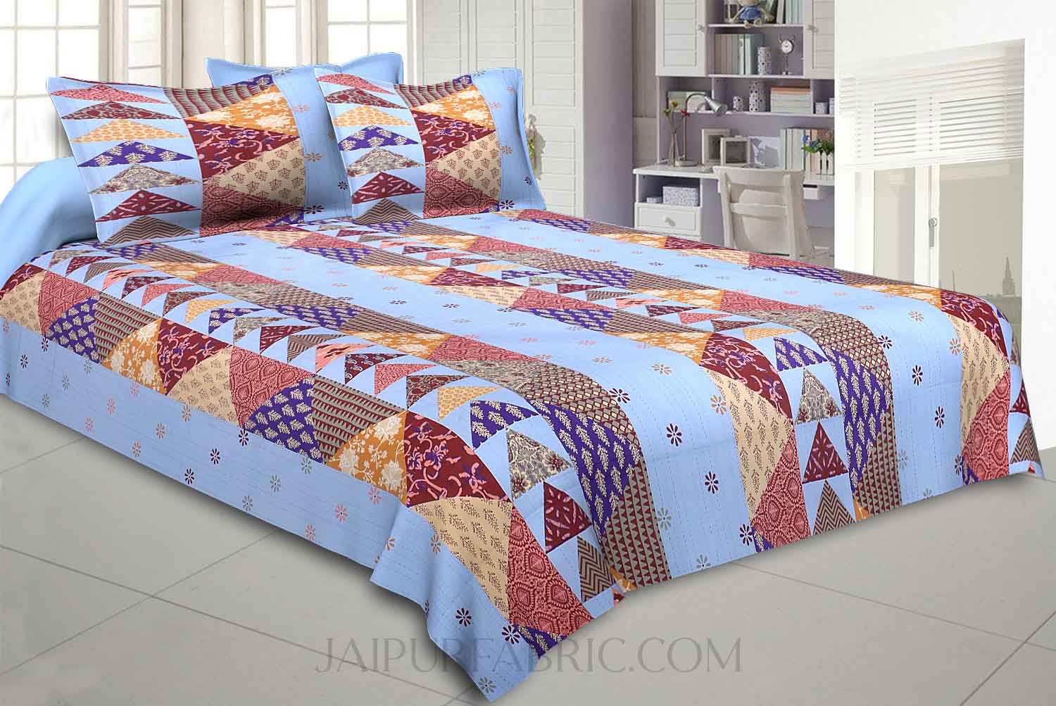 Blues Twill Cotton  Double Bedsheet With Colorful Patchwork Design