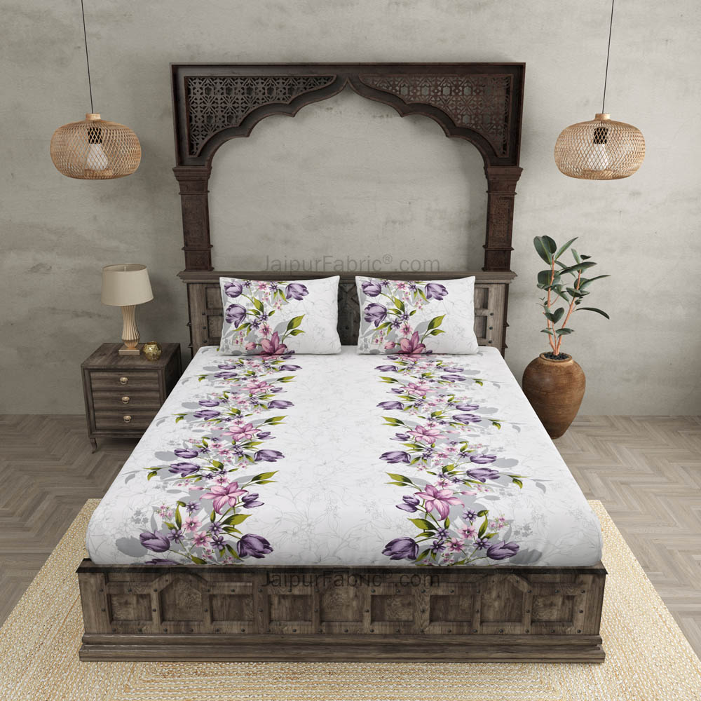 Double Bedsheet Twill Cotton Lilac Purple Floral Motif Print