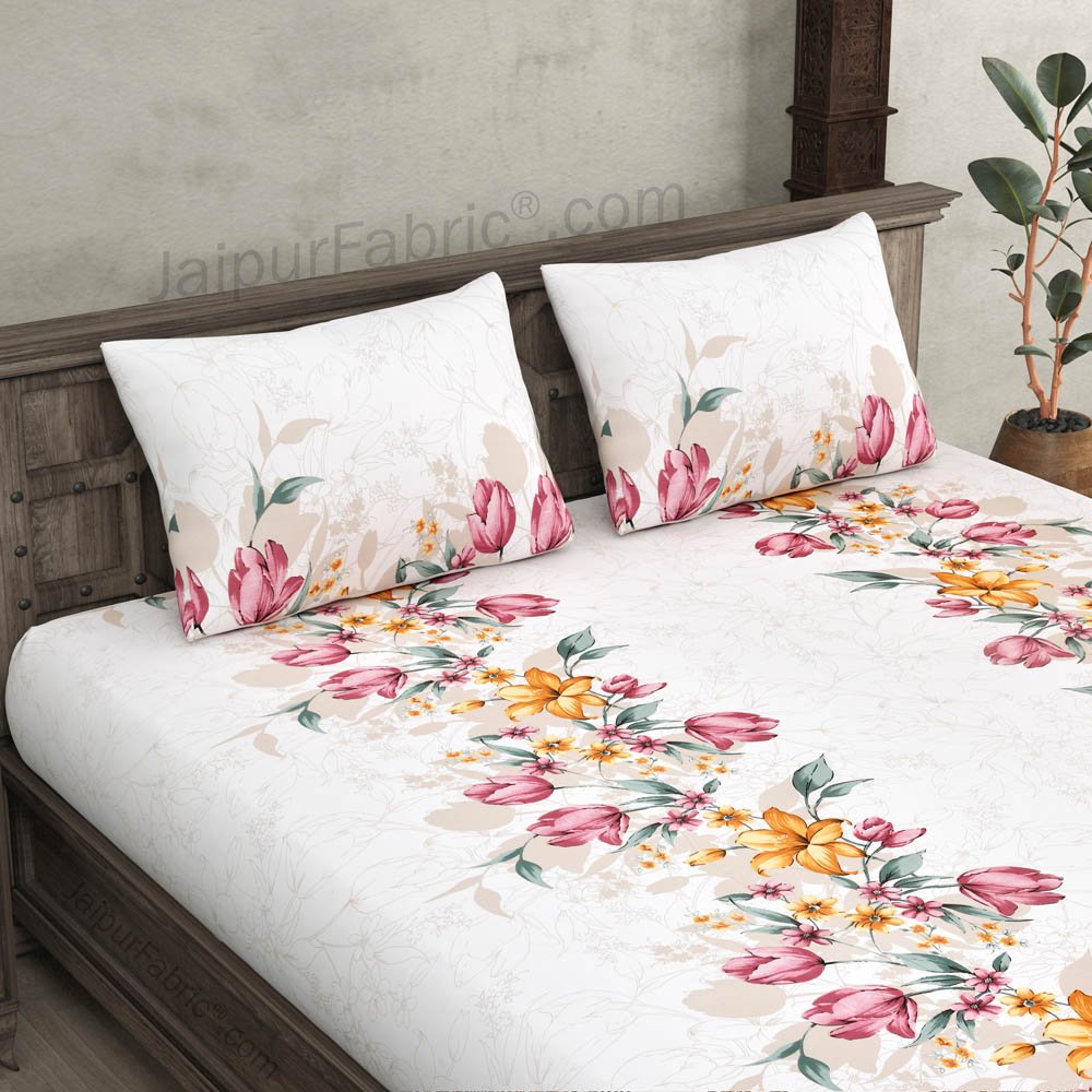 Double Bedsheet Twill Cotton Fuchsia Pink Floral Motif Print