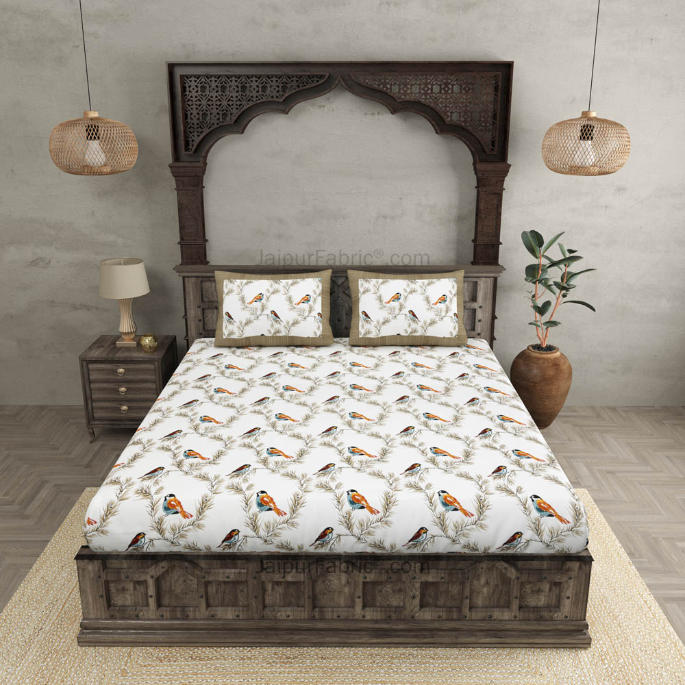 Pure Cotton 240 TC Double bedsheet indian bird print brown