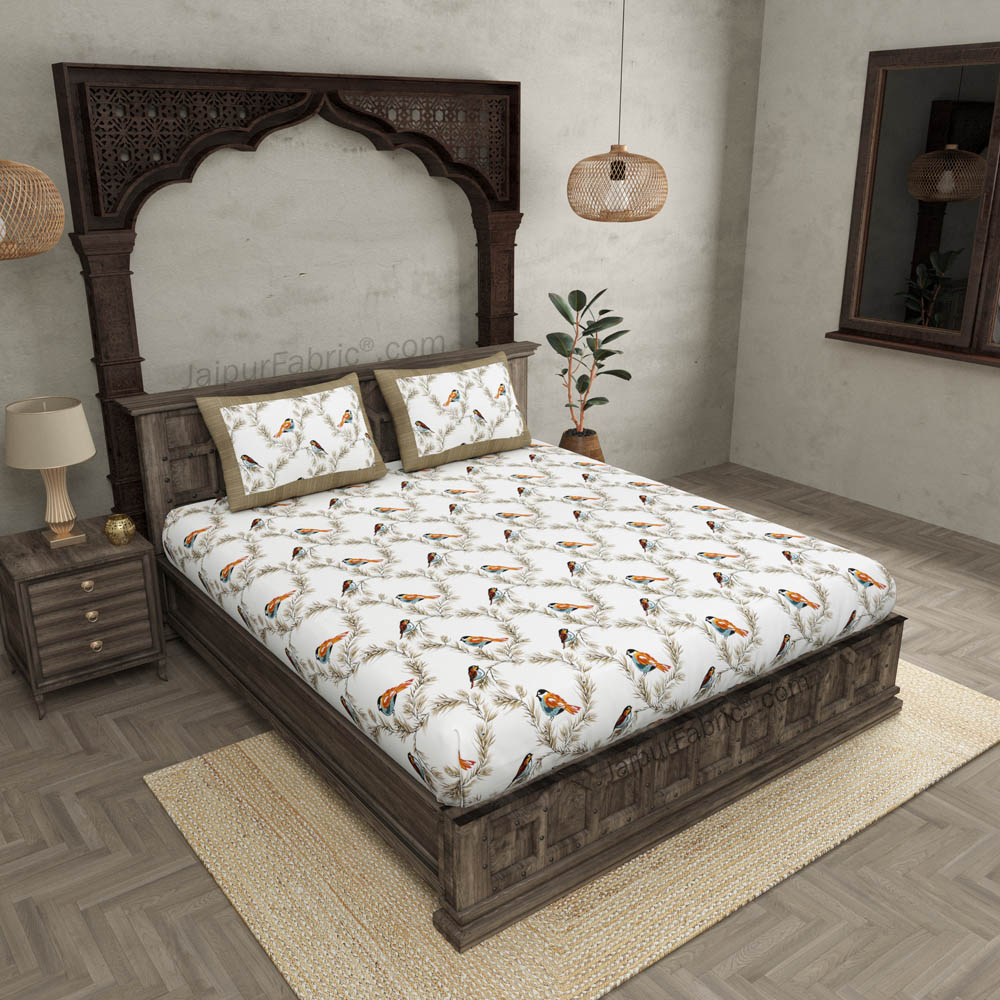 Pure Cotton 240 TC Double bedsheet indian bird print brown