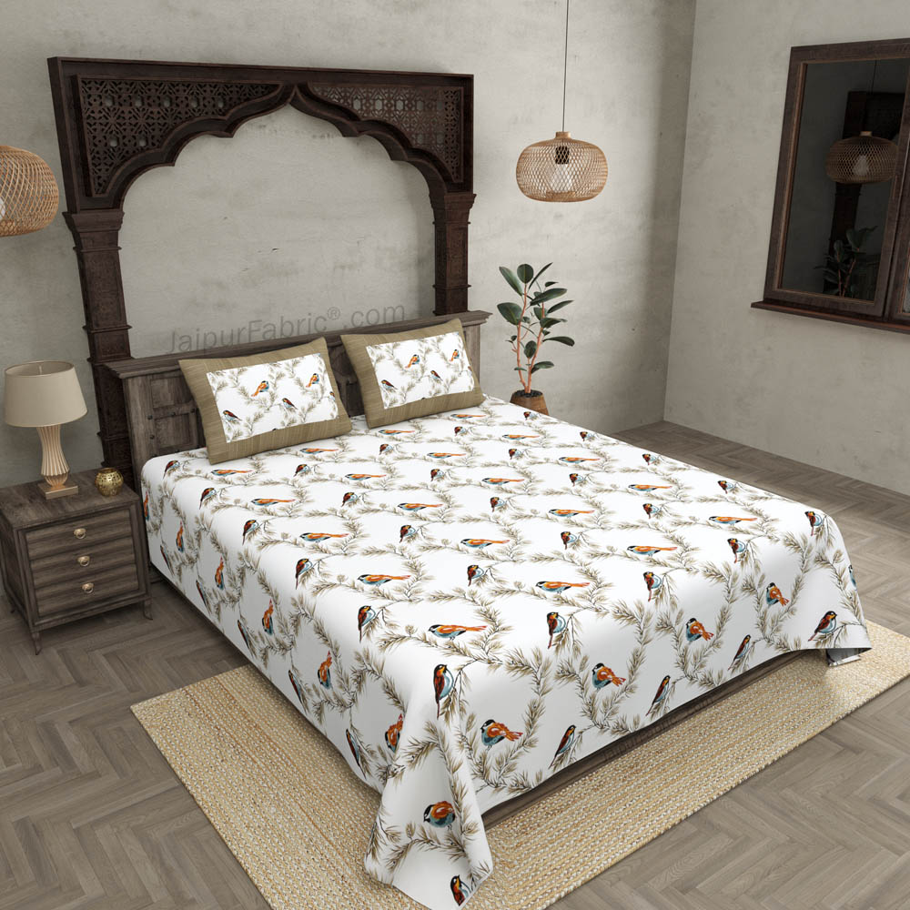 Pure Cotton 240 TC Double bedsheet indian bird print brown