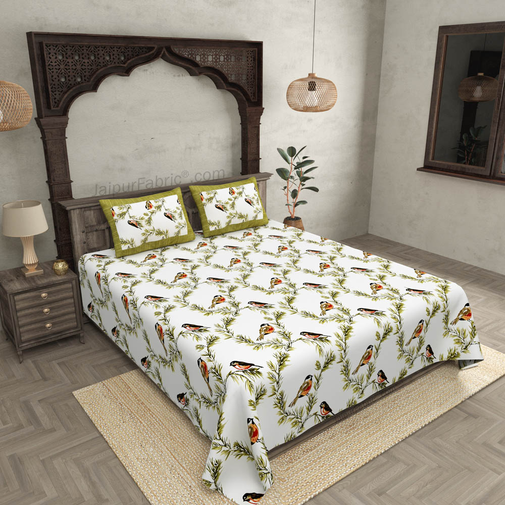 Pure Cotton 240 TC Double bedsheet indian bird print green