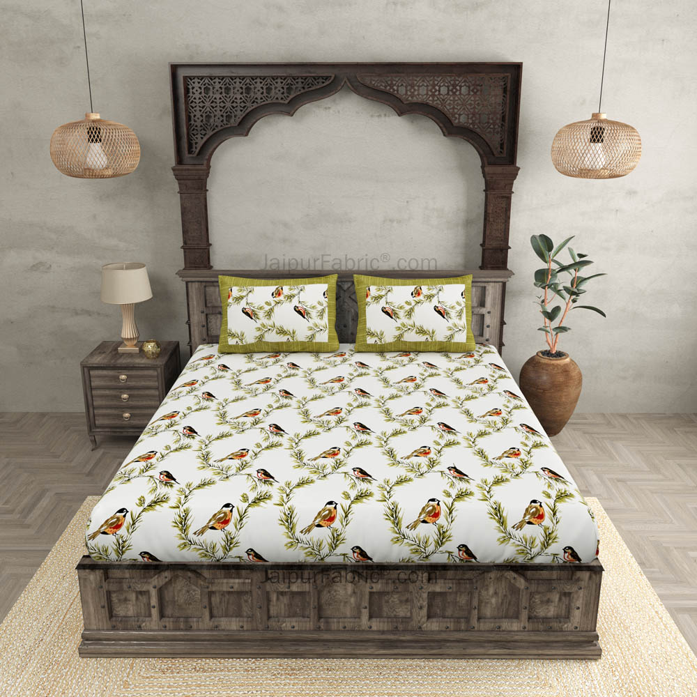 Pure Cotton 240 TC Double bedsheet indian bird print green