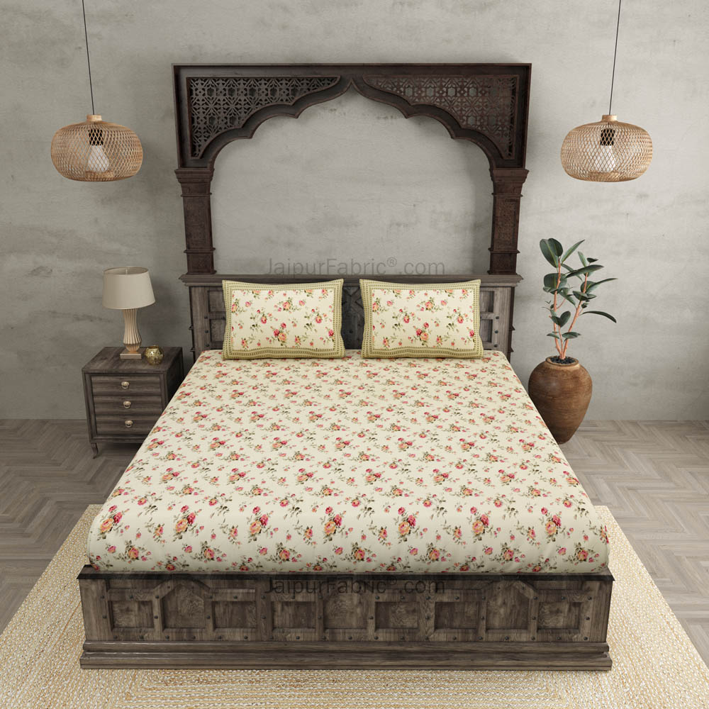 Pure Cotton 240 TC Double bedsheet in cream seamless floral print