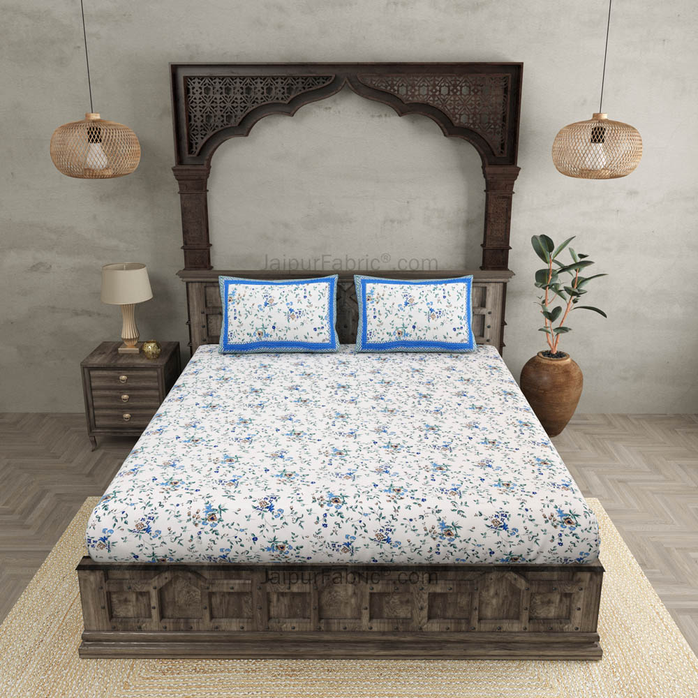 Pure Cotton 240 TC Double bedsheet in blue seamless floral print