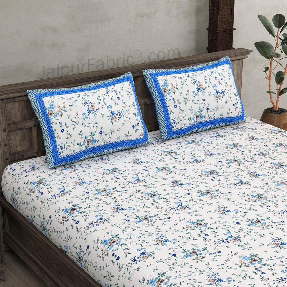 Pure Cotton 240 TC Double bedsheet in blue seamless floral print