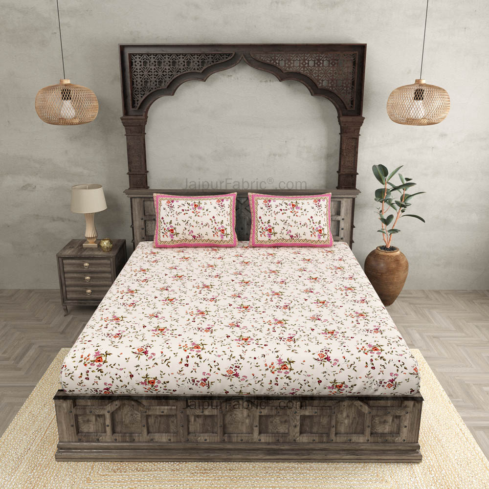 Pure Cotton 240 TC Double bedsheet in pink seamless floral print