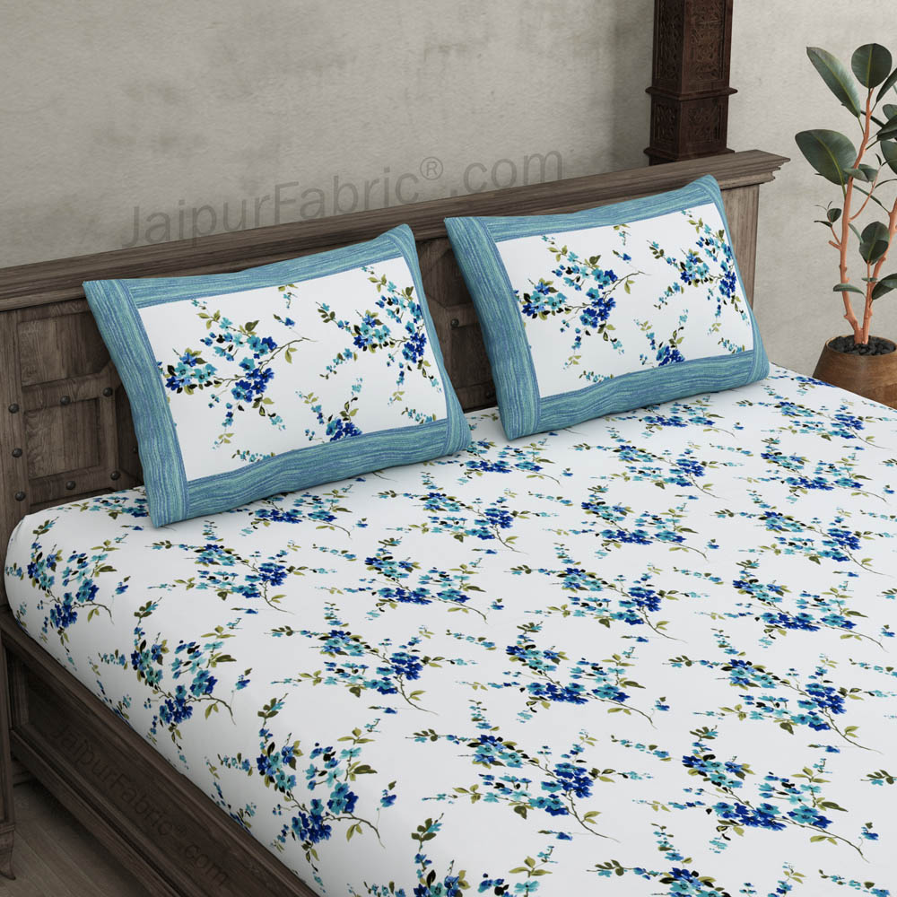 Pure Cotton 240 TC Double bedsheet in blue motif floral print