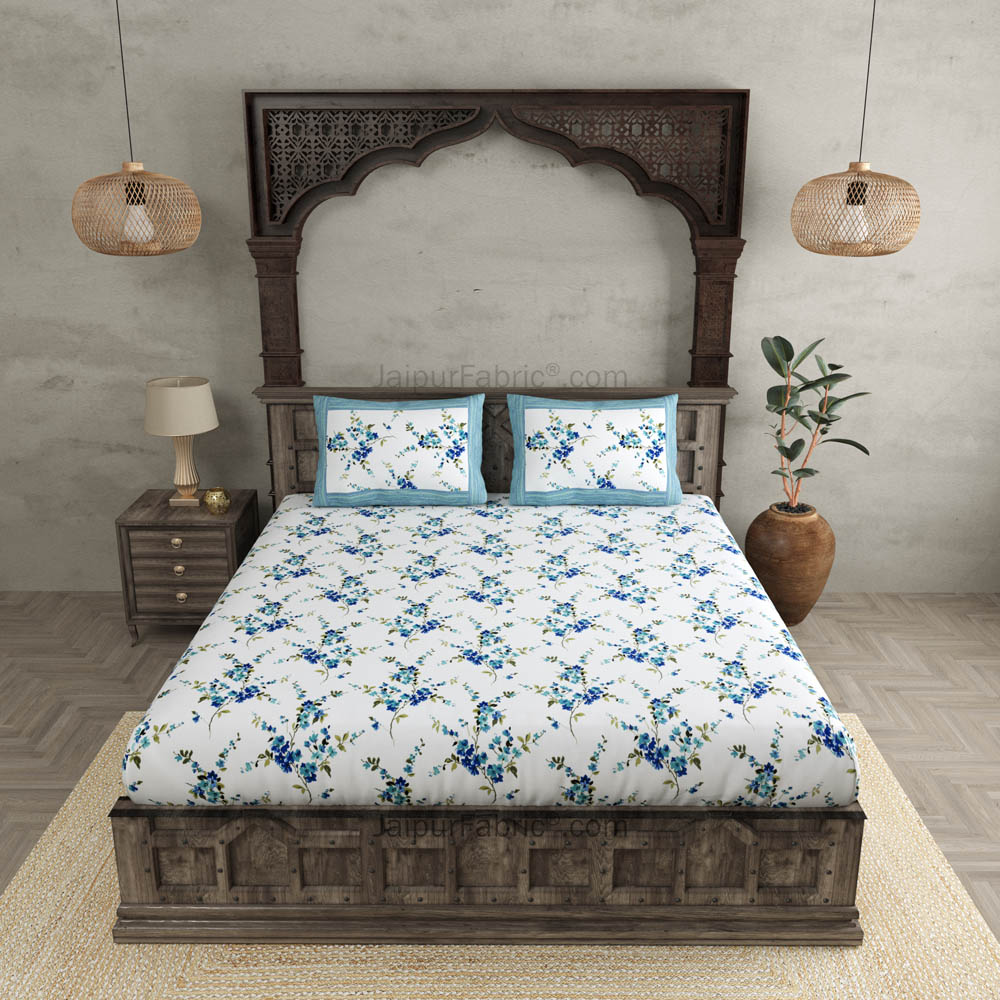 Pure Cotton 240 TC Double bedsheet in blue motif floral print