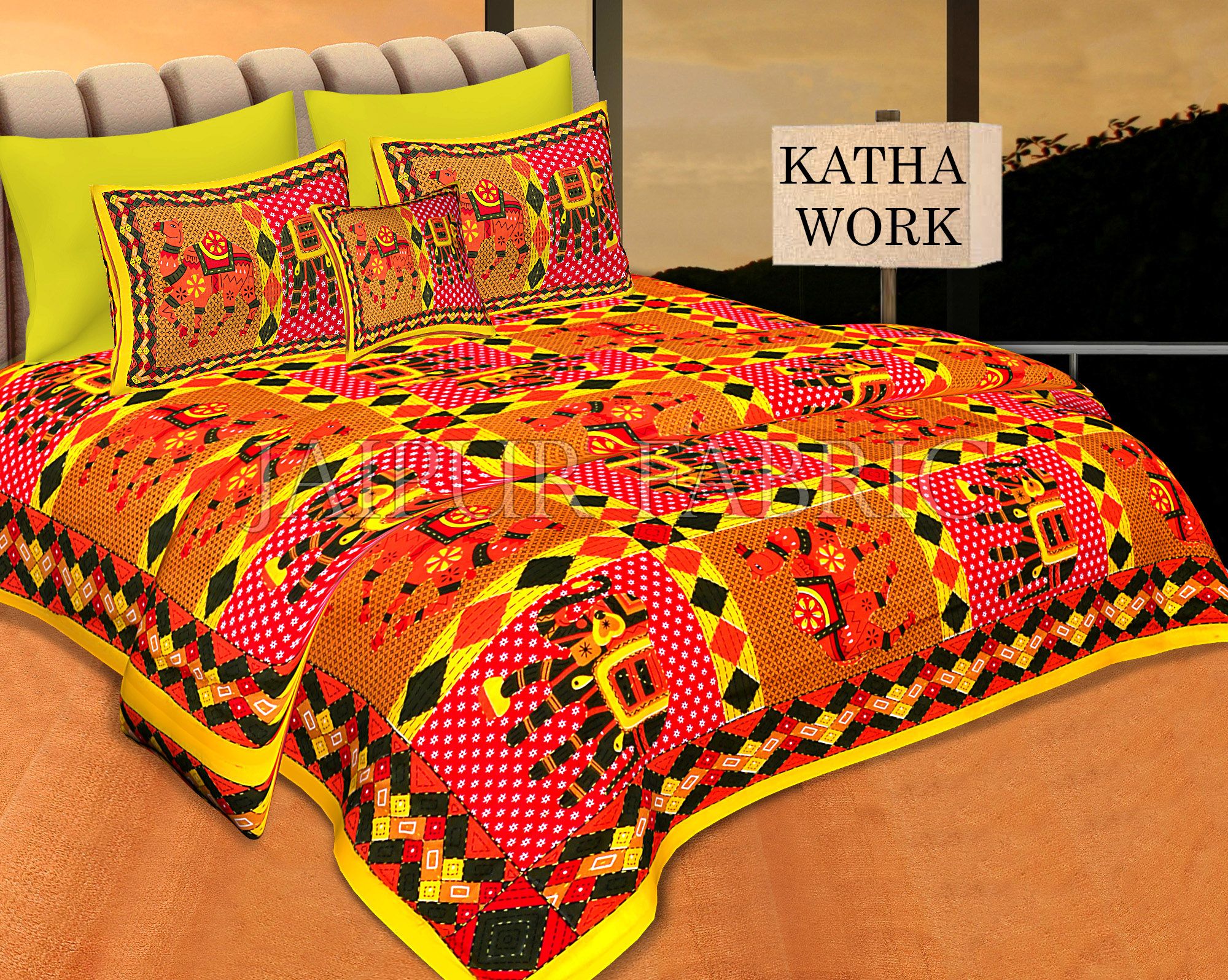 Yellow Jaisalmer Handmade Embroidery with katha Thread Work Elephant Print Double Bed Sheet with Two Pillow Covers