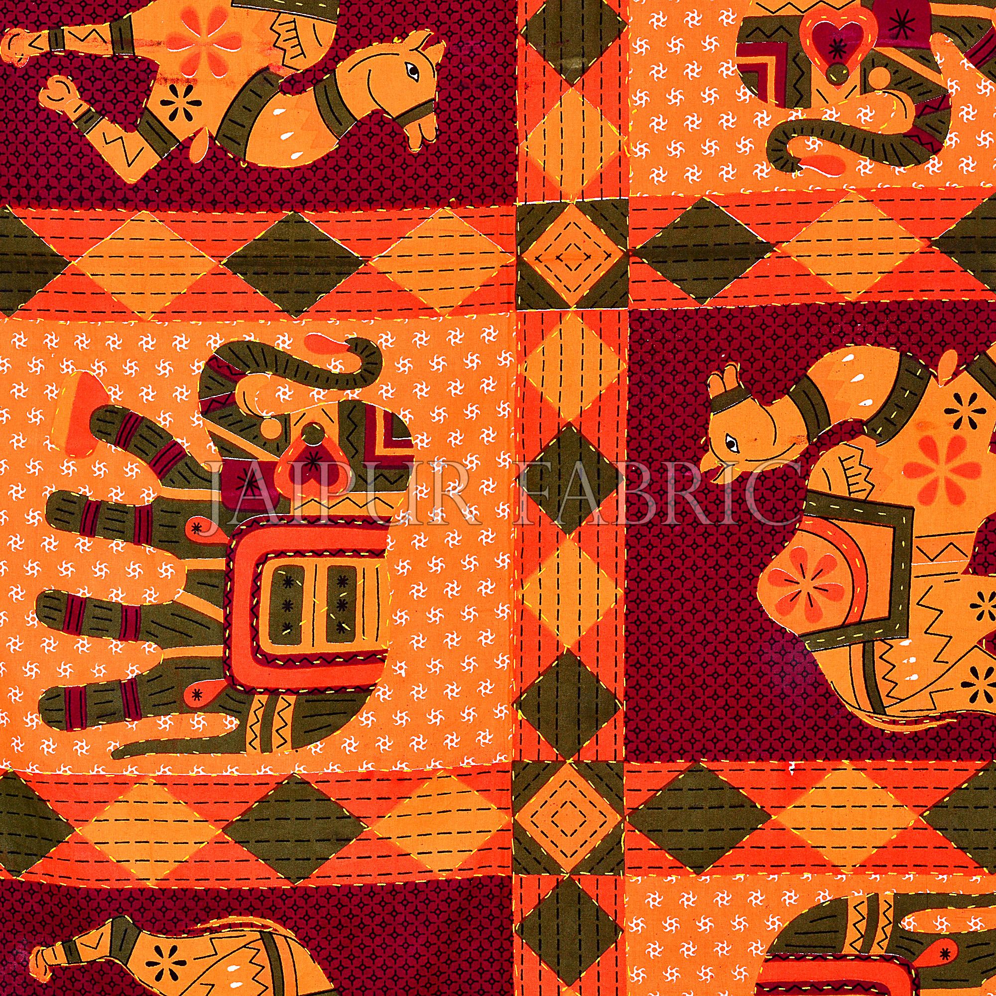 Orange Jaisalmer Handmade Embroidery with katha Thread Work Elephant Print Double Bed Sheet with Two Pillow Covers