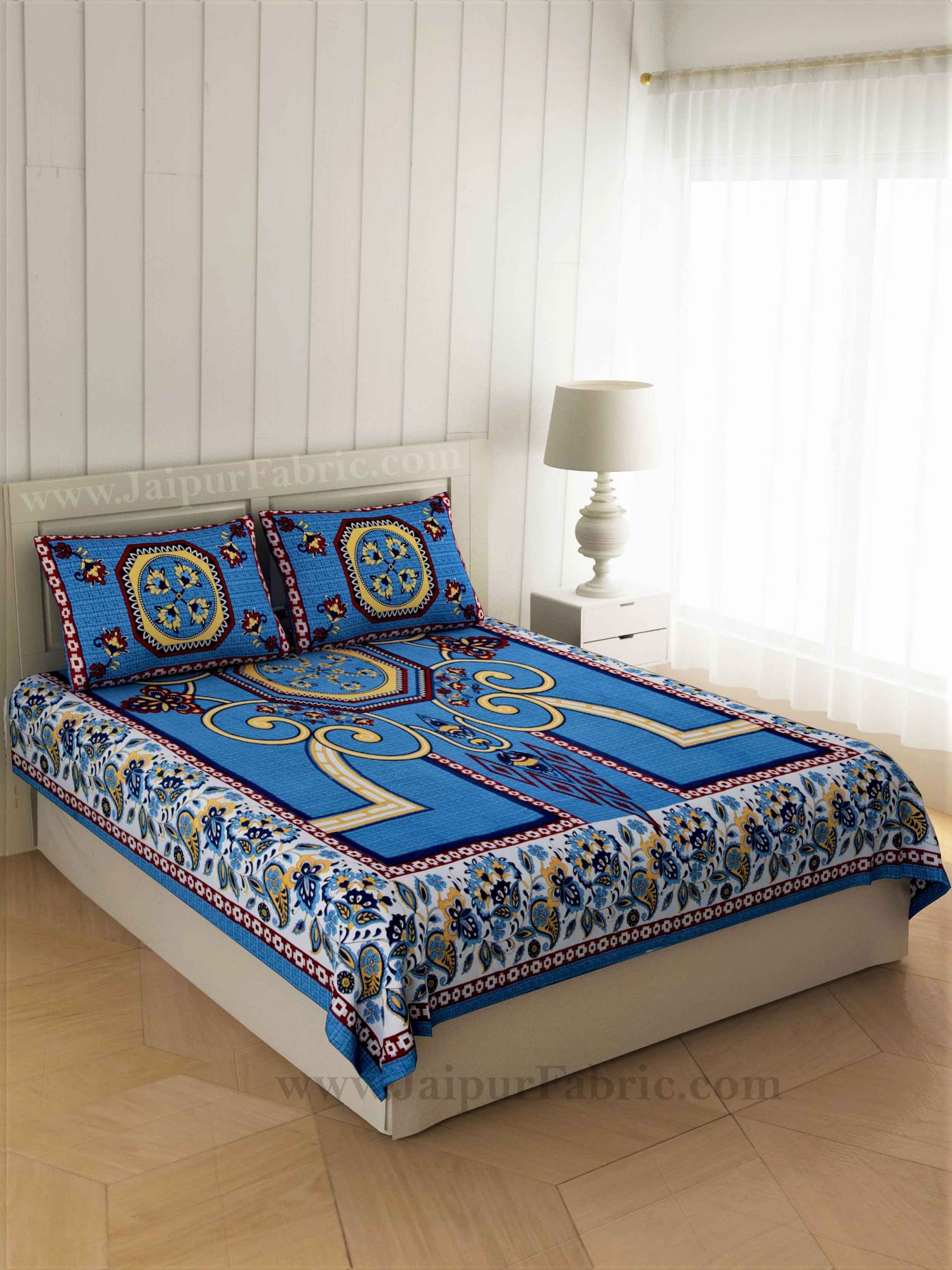 Double Bedsheet Blueish Rangoli Cotton 2 Pillow Cover