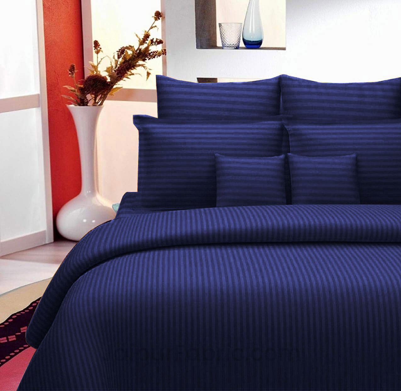 Navy Blue Satin Stripes Double BedSheet