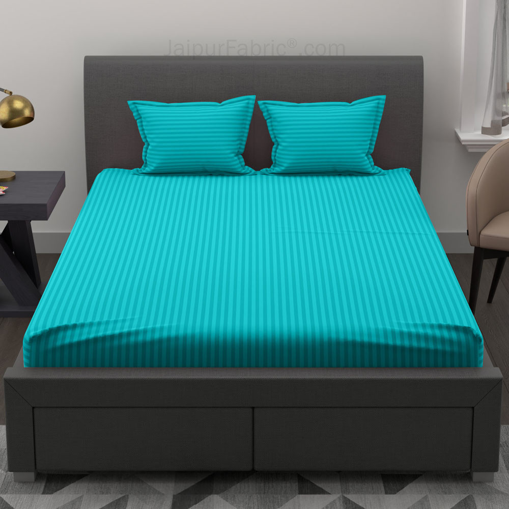 Aqua Turquoise Self Design 300 TC King Size Pure Cotton Satin Slumber Sheet for Double Bed with 2 pillow covers