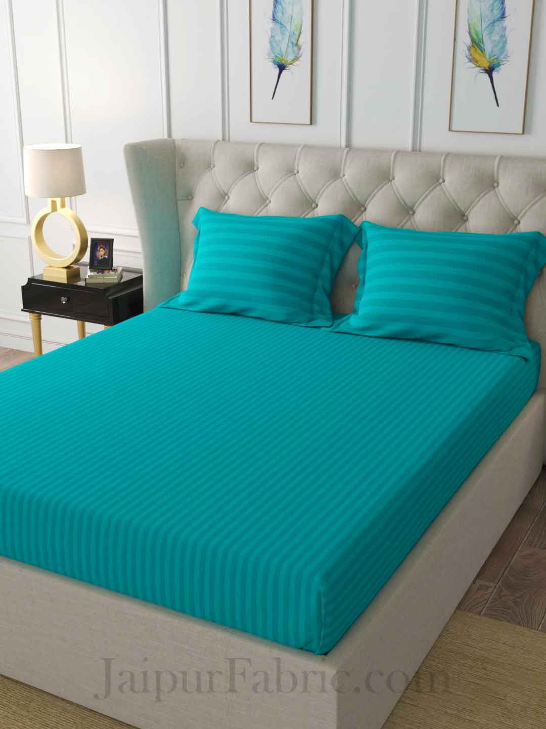 Aqua Turquoise Self Design 300 TC King Size Pure Cotton Satin Slumber Sheet for Double Bed with 2 pillow covers