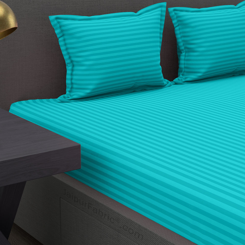 Aqua Turquoise Self Design 300 TC King Size Pure Cotton Satin Slumber Sheet for Double Bed with 2 pillow covers