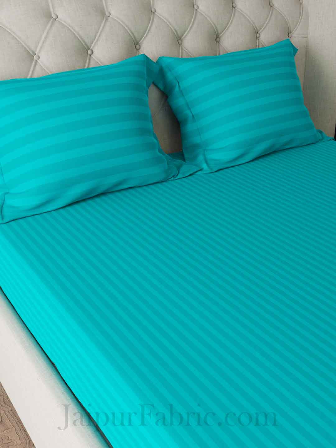 Aqua Turquoise Self Design 300 TC King Size Pure Cotton Satin Slumber Sheet for Double Bed with 2 pillow covers