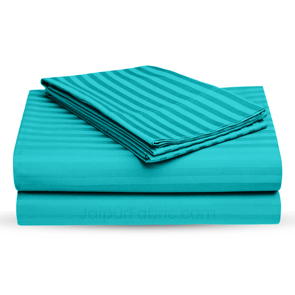 Aqua Turquoise Self Design 300 TC King Size Pure Cotton Satin Slumber Sheet for Double Bed with 2 pillow covers