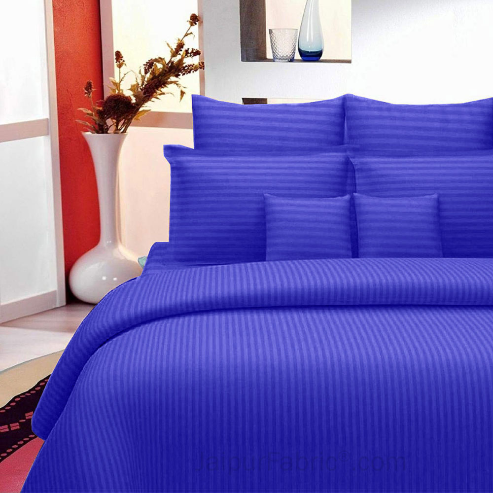 Royal Blue Self Design 300 TC King Size Pure Cotton Satin Slumber Sheet for Double Bed with 2 pillow covers