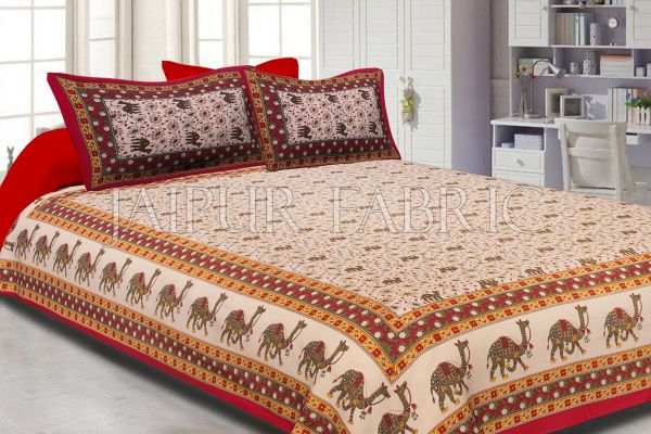 Maroon Border Camel Pattern Screen Print Cotton Double Bed Sheet