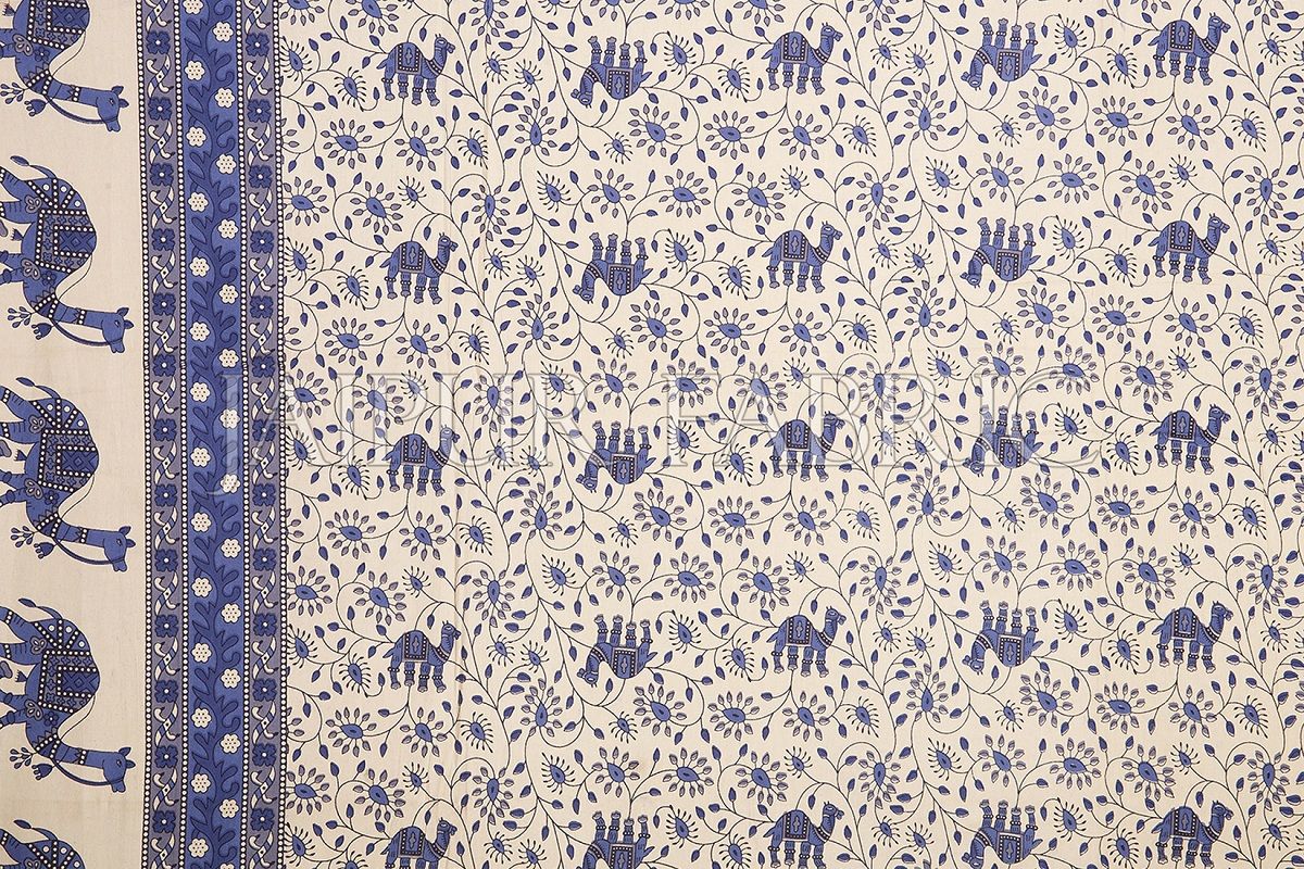 Blue Border Camel Pattern Screen Print Cotton Double Bed Sheet