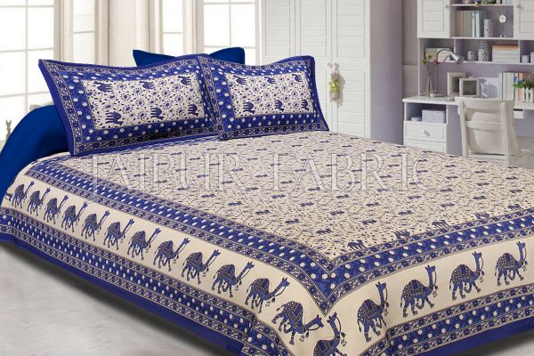 Blue Border Camel Pattern Screen Print Cotton Double Bed Sheet