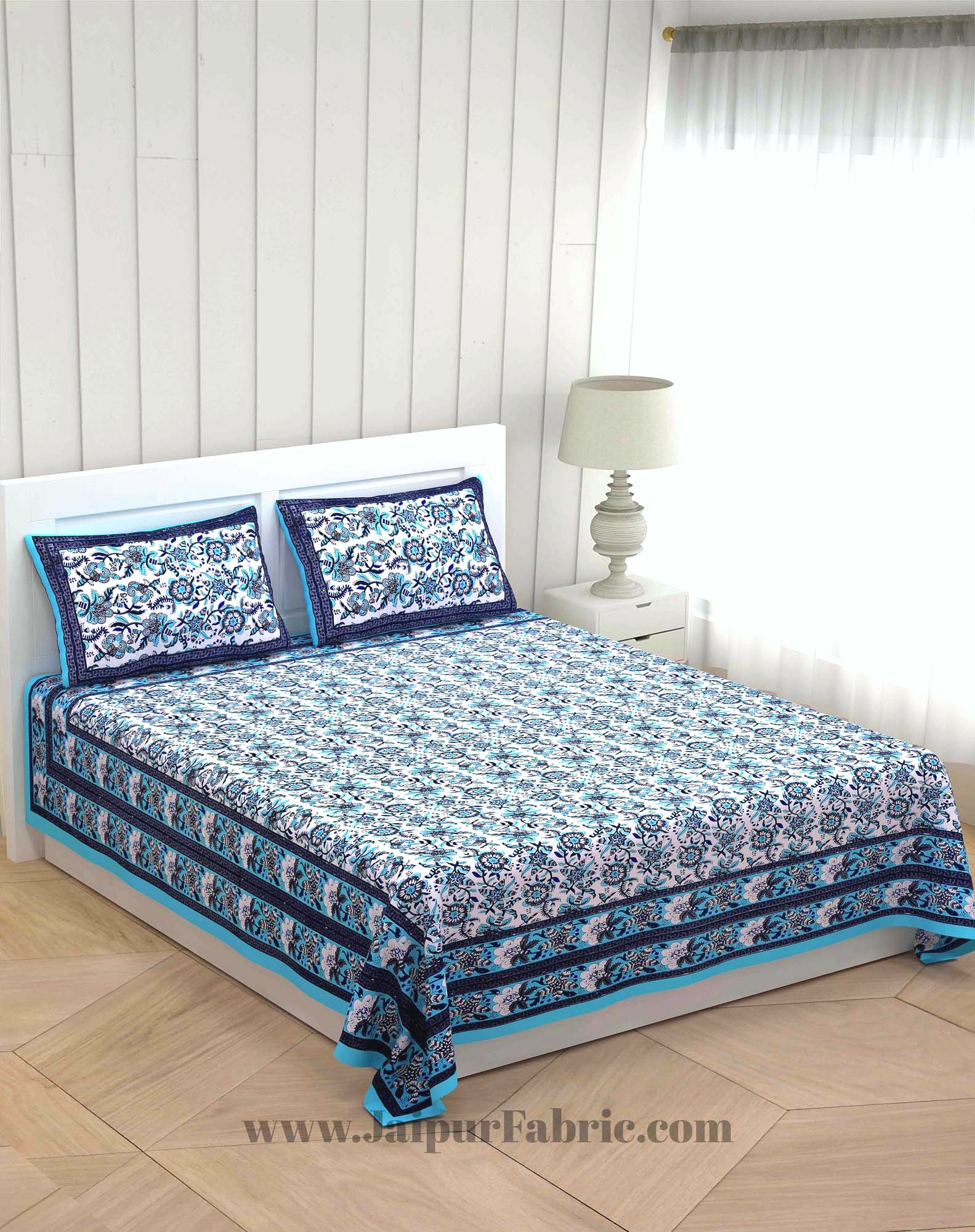 Vibrant Blue Wavy Flora Double Bedsheet