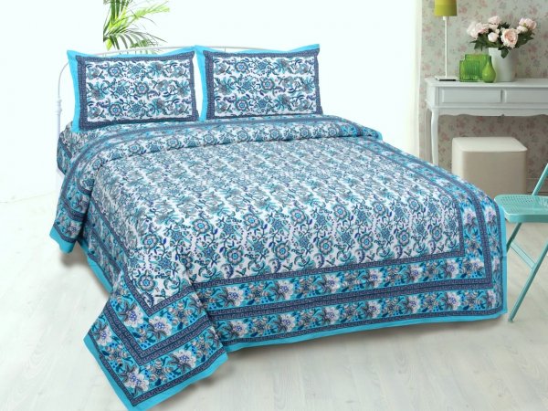 Vibrant Blue Wavy Flora Double Bedsheet