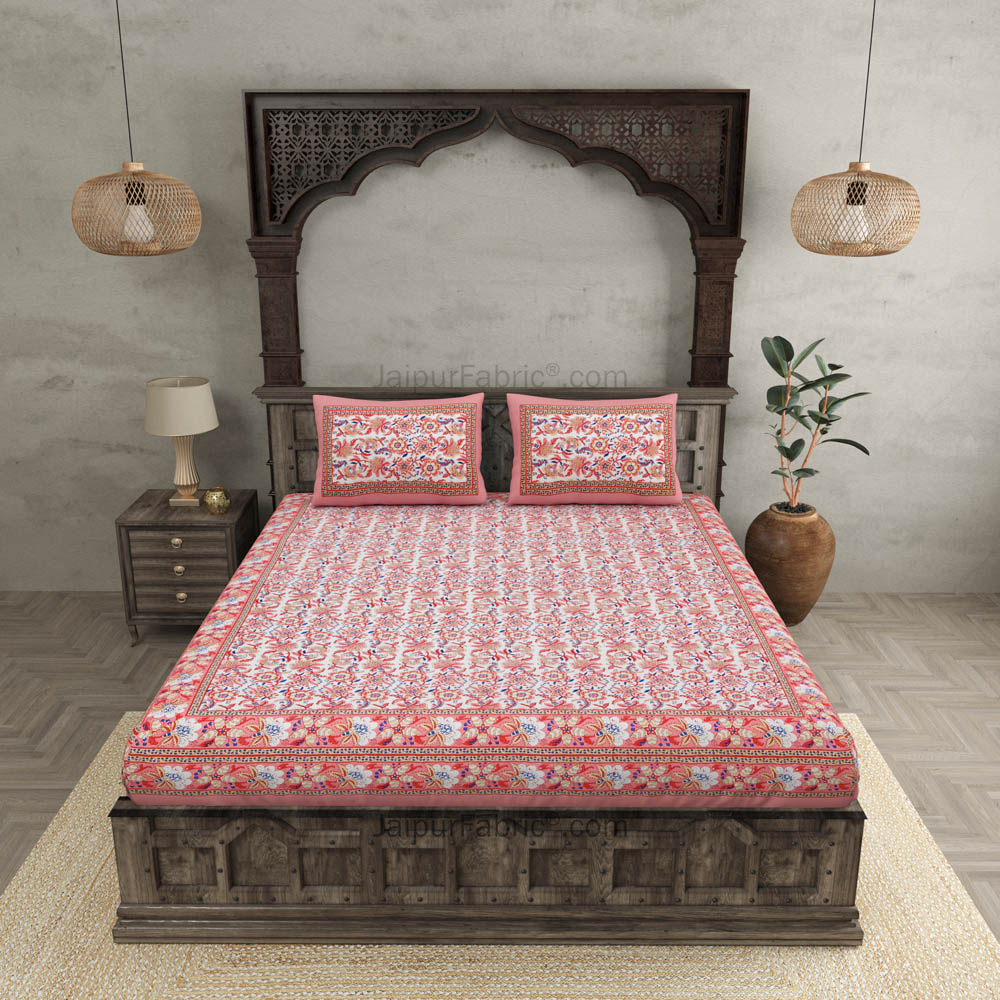 Vibrant Peach Wavy Flora Double Bedsheet