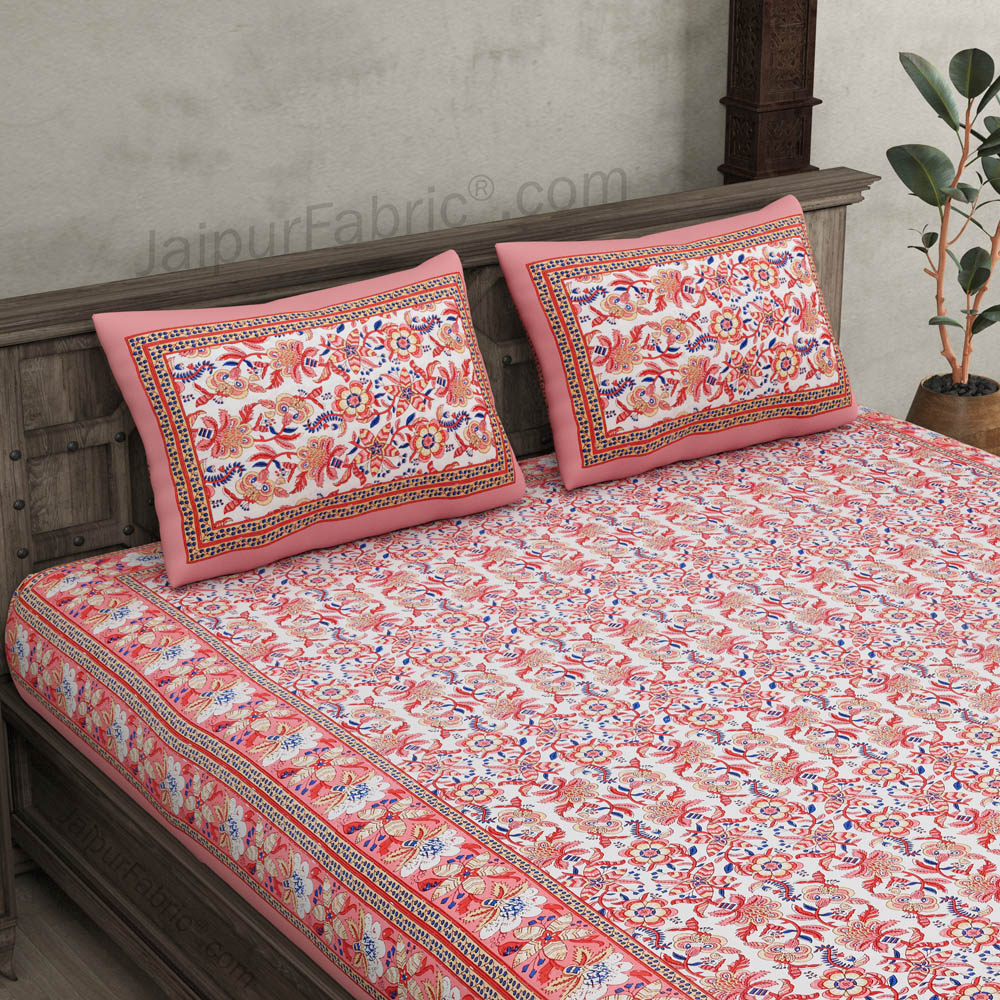 Vibrant Peach Wavy Flora Double Bedsheet