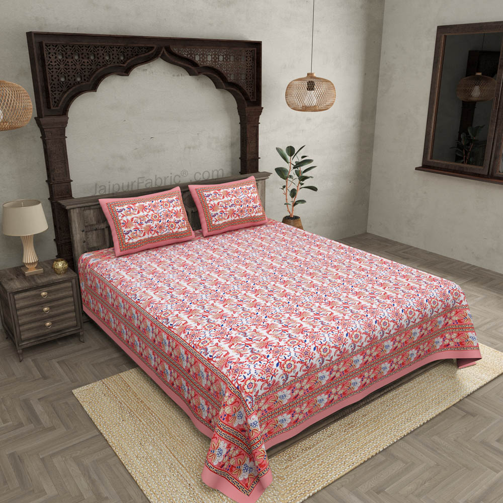 Vibrant Peach Wavy Flora Double Bedsheet