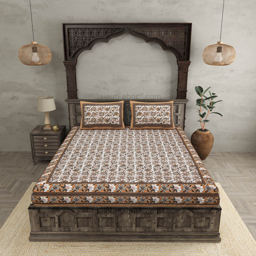 Vibrant Brown Wavy Flora Double Bedsheet