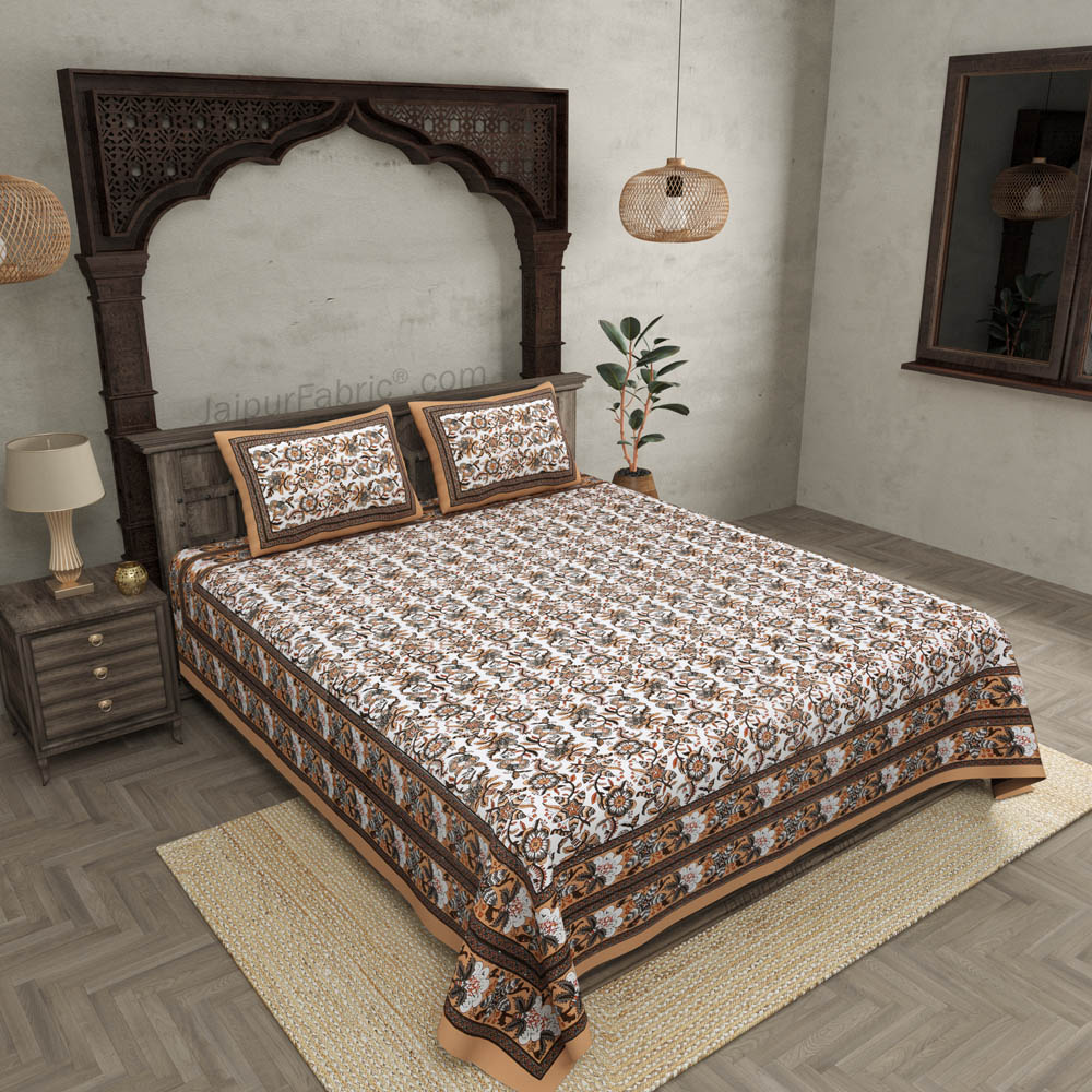 Vibrant Brown Wavy Flora Double Bedsheet