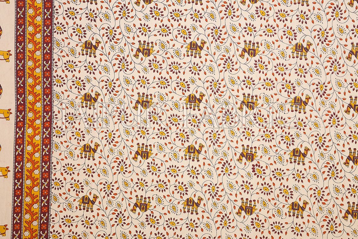 Orange Border Camel Pattern Screen Print Cotton Double Bed Sheet