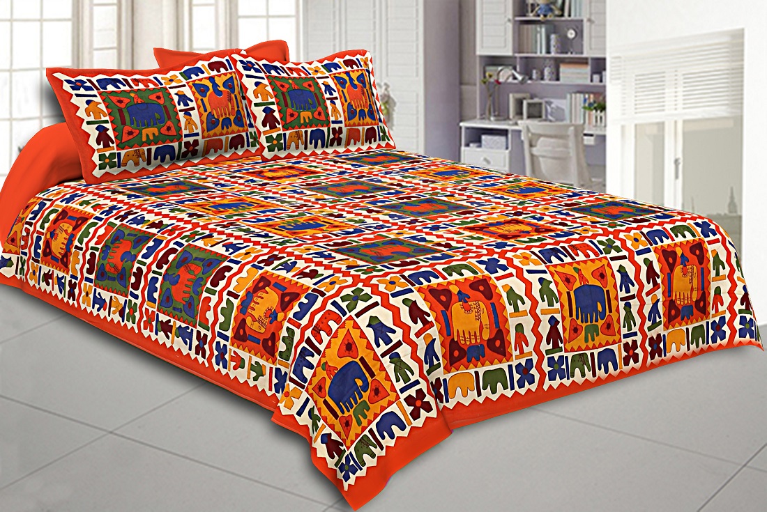 Orange Border Elephant Pattern Screen Print Double Bed Sheet