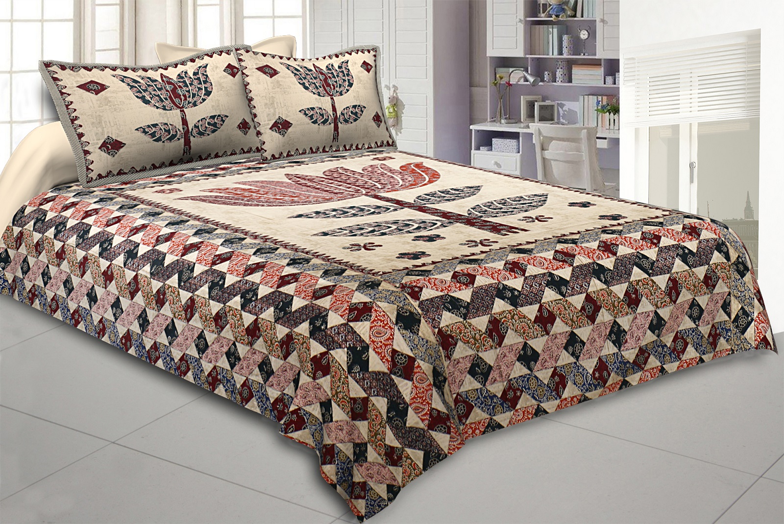 The Big Lotus in Cream Red Double BedSheet