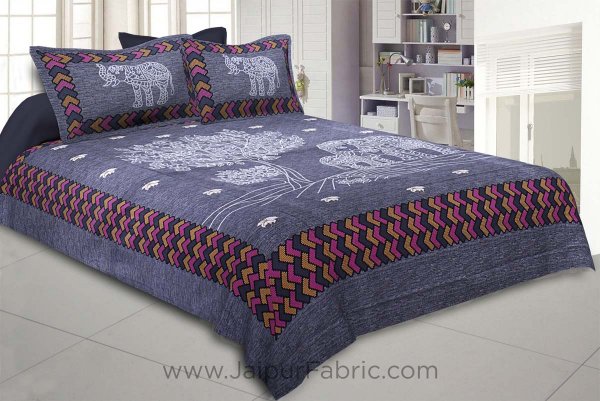 Elephant Love Blue Giza Cotton Double BedSheet