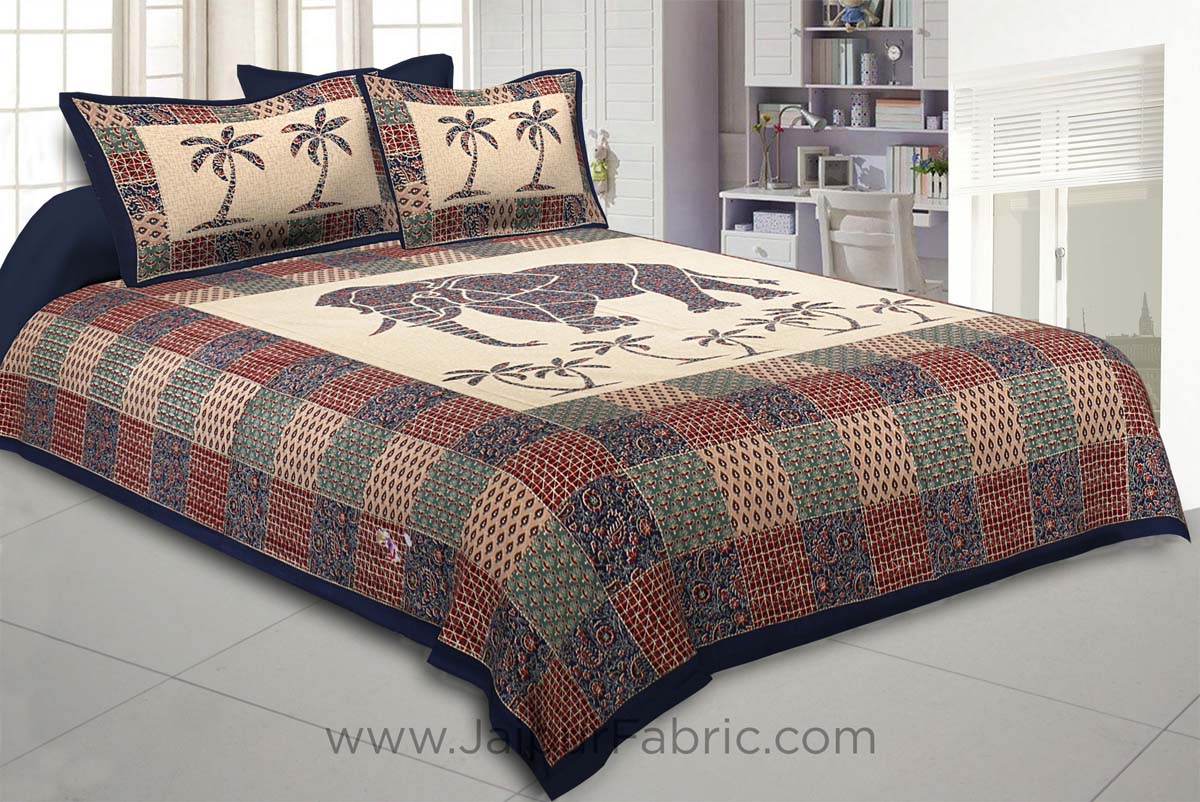 Blueish Ajrak Print Big Elephant Double BedSheet