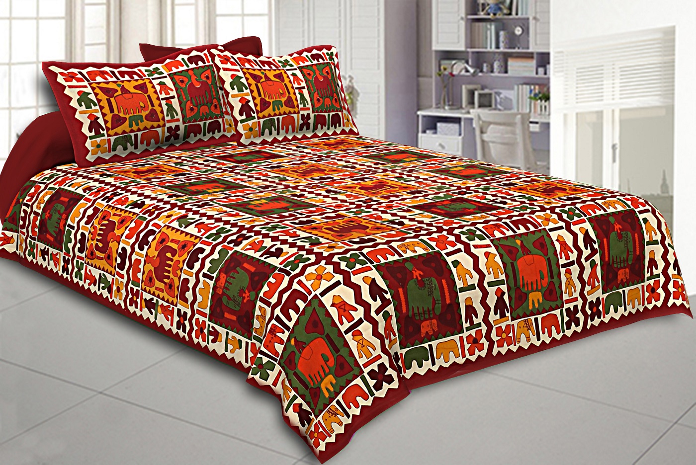 Maroon Border Elephant Pattern Screen Print Double Bed Sheet