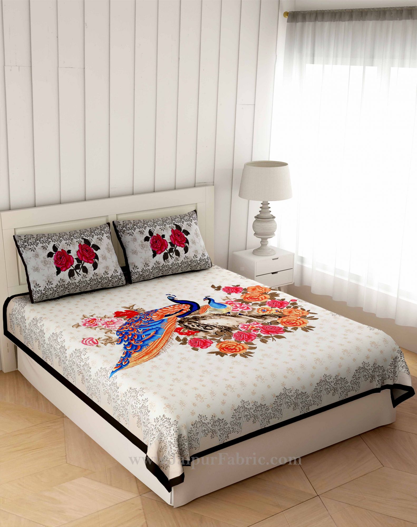 COMBO350 Peacock Garden 2 Double Bed Sheet + 4 Pillow Cover