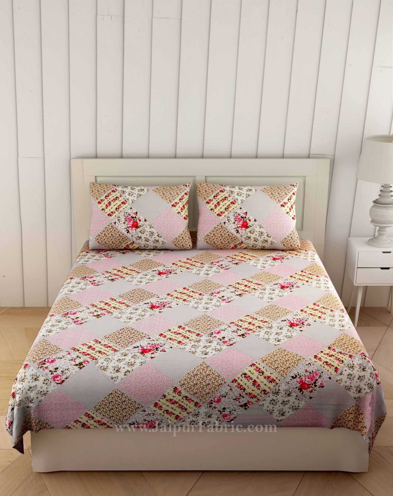 Ethnic precision Pink Grey Double Bedsheet