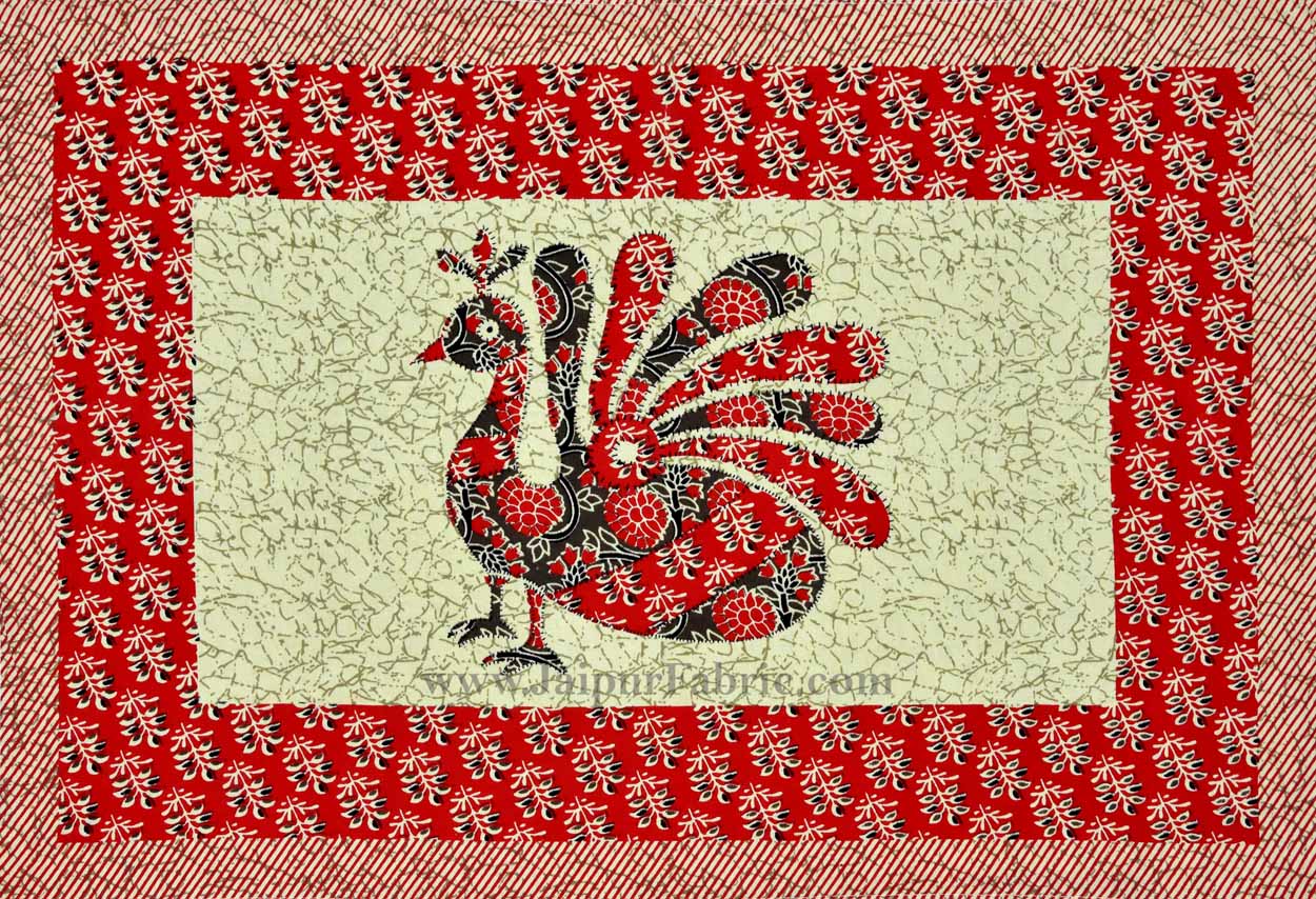 Red Ajrak Print Peacock Double Bedsheet