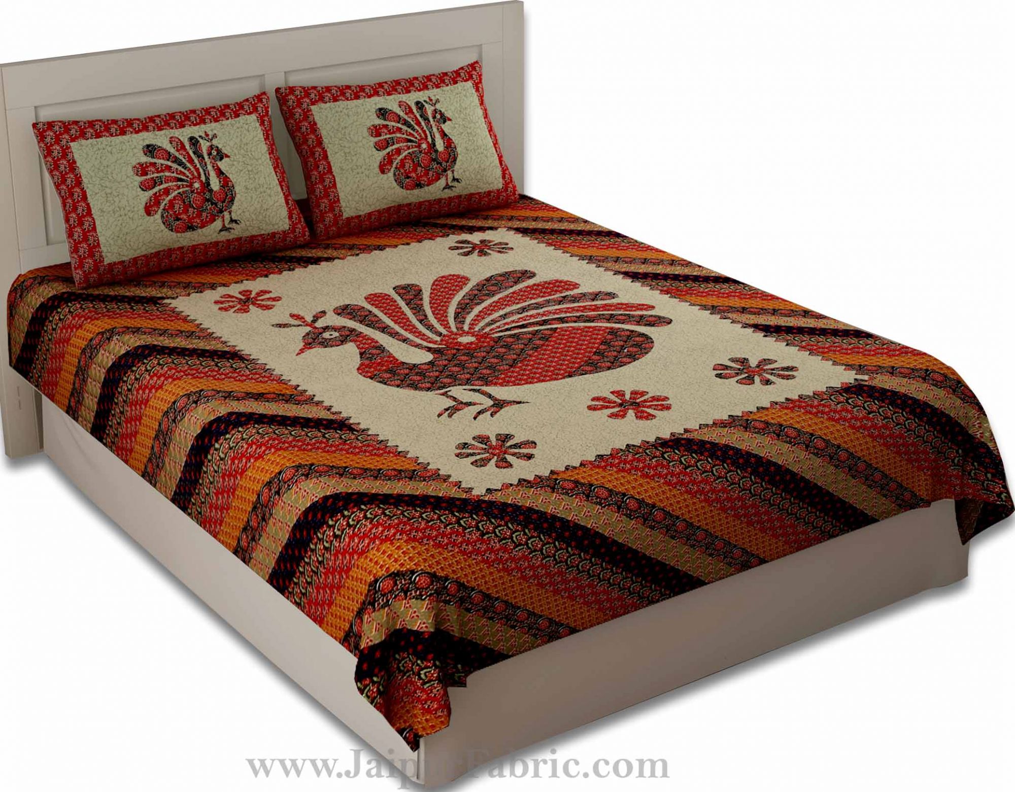 Red Ajrak Print Peacock Double Bedsheet