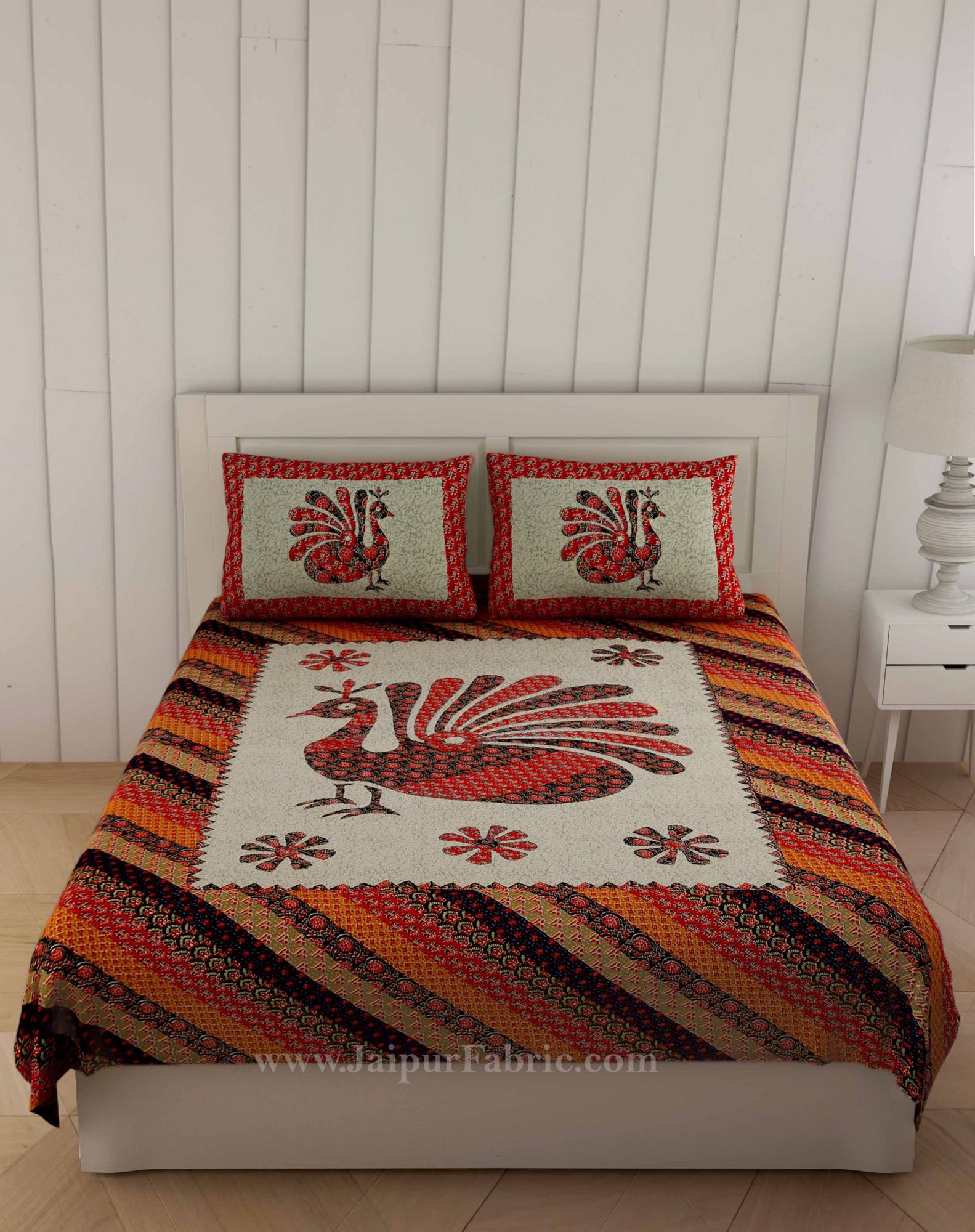 Red Ajrak Print Peacock Double Bedsheet