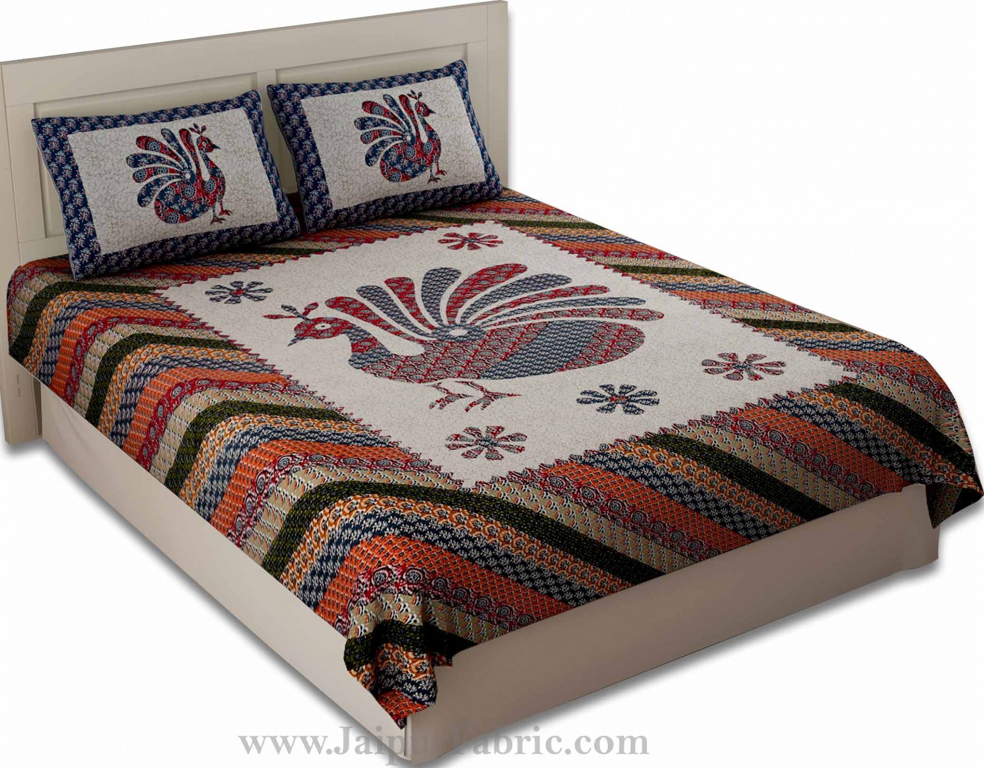 Blue Ajrak Print Peacock Double Bedsheet