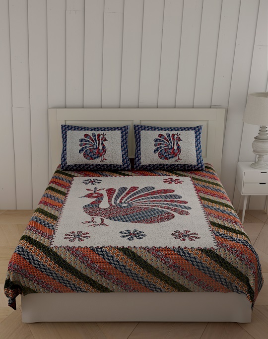 Blue Ajrak Print Peacock Double Bedsheet