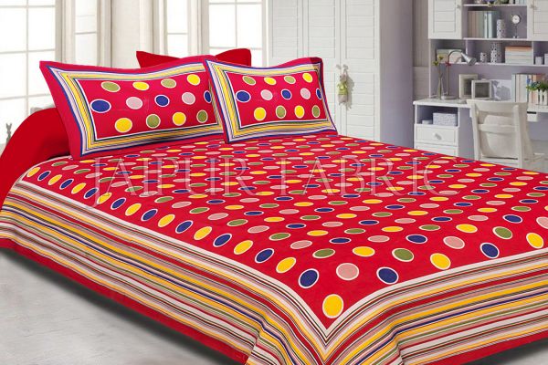 Maroon Base Multi Color Polka Dot Pattern Screen Print Cotton Double Bed Sheet