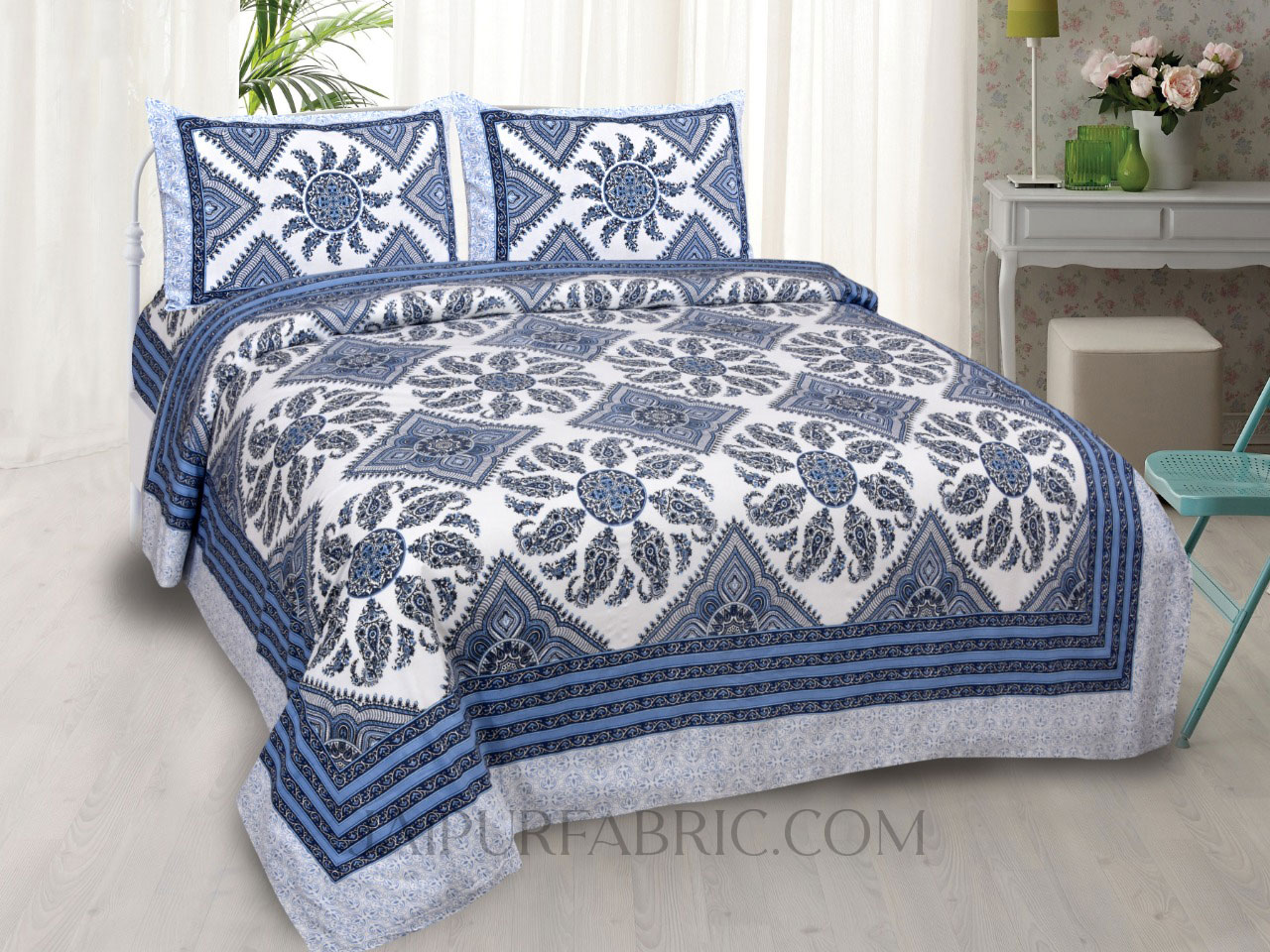 Folk Design Blue Double Bedsheet